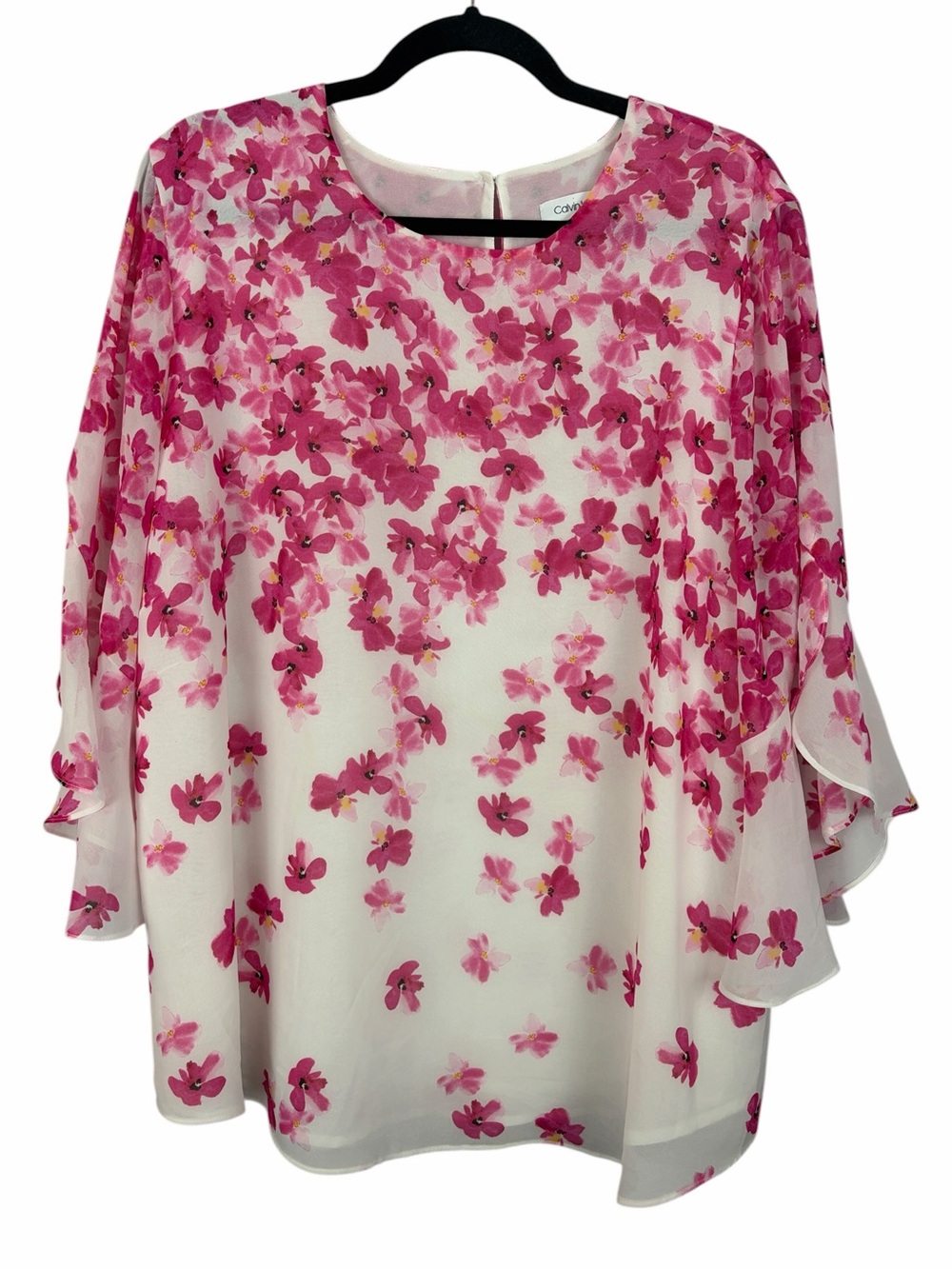 Calvin Klein 1X Pink Floral Chiffon Blouse Bell Sleeve Lined Plus Size